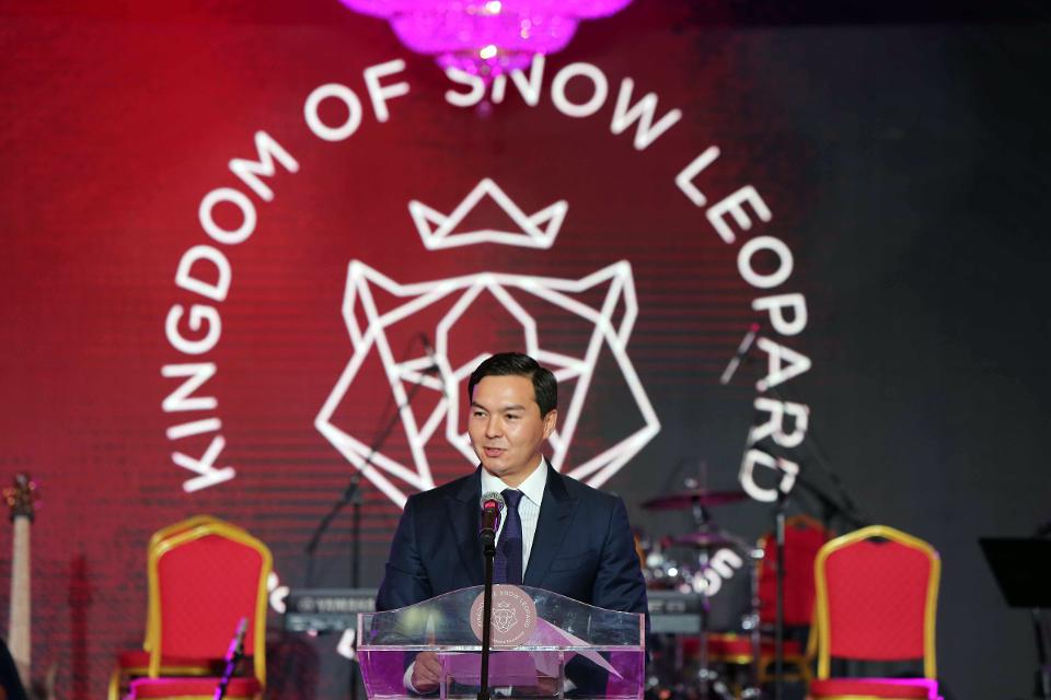 Nurali Aliyev speaks at the Snow Leopard Foundation Gala 2019 at Astana Arena on July 04 2019