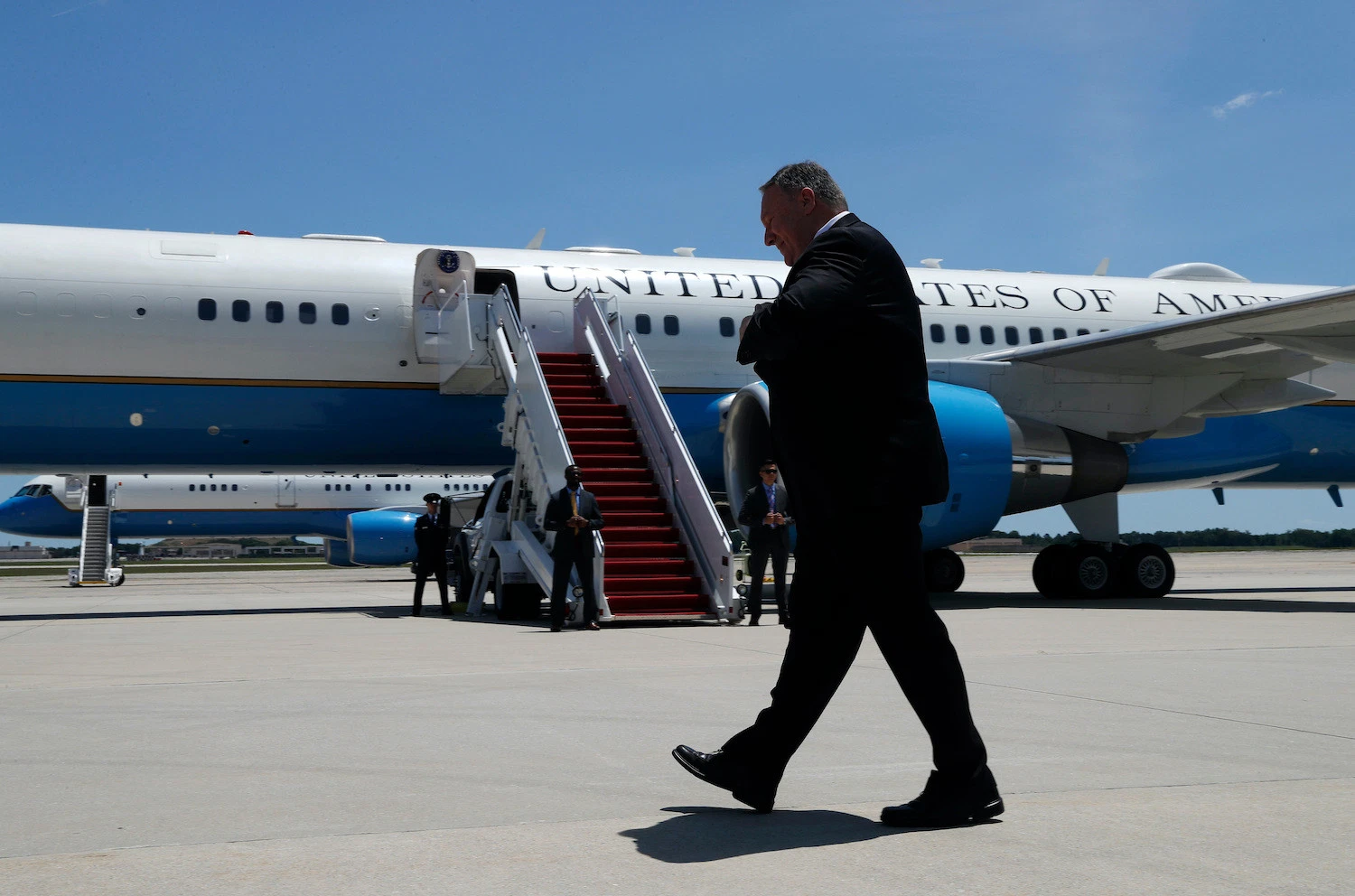 U.S. Secretary of State Mike Pompeo walks by the media as he prepares to board a plane at Andrews Air Force Base near Washington, D.C., on June 23, 2019. JACQUELYN MARTIN/AFP VIA GETTY IMAGES