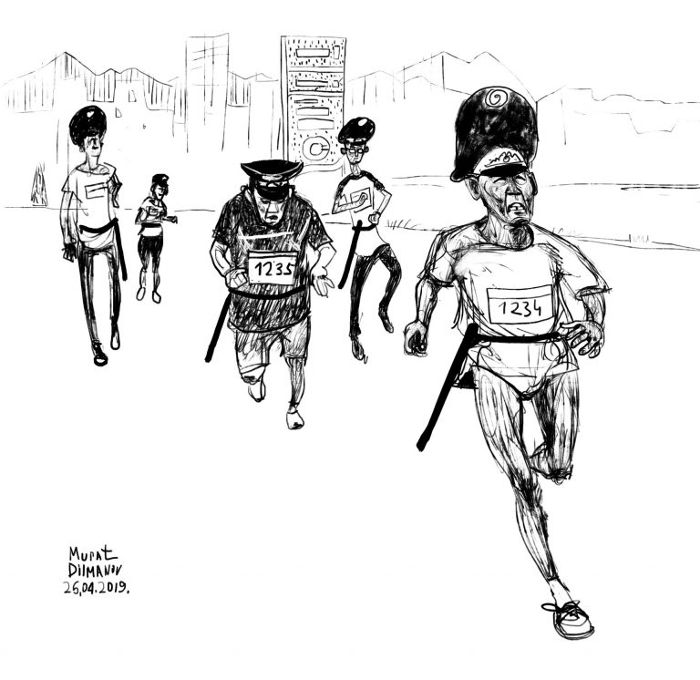 Murat Dilmanov jokes that future Almaty city marathons will consist entirely of police. Tribute art collected by the Adamdar website and republished with permission.